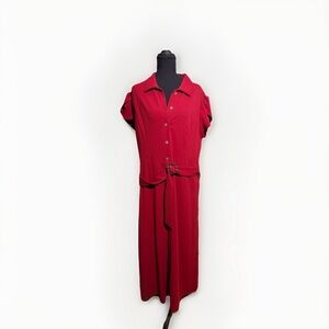 NY Collection Red Button-Up Dress with Belt